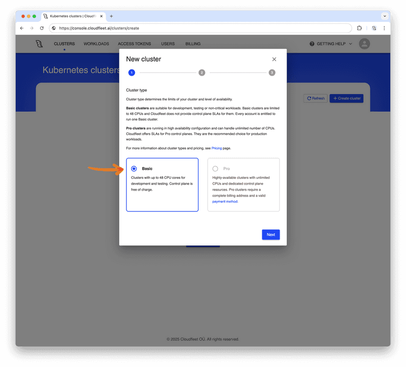 Cloudfleet - Kubernetes Clusters - Create new cluster