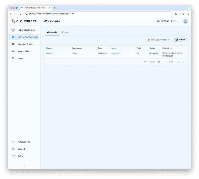 Nginx container running on Cloudfleet Kubernetes Cluster