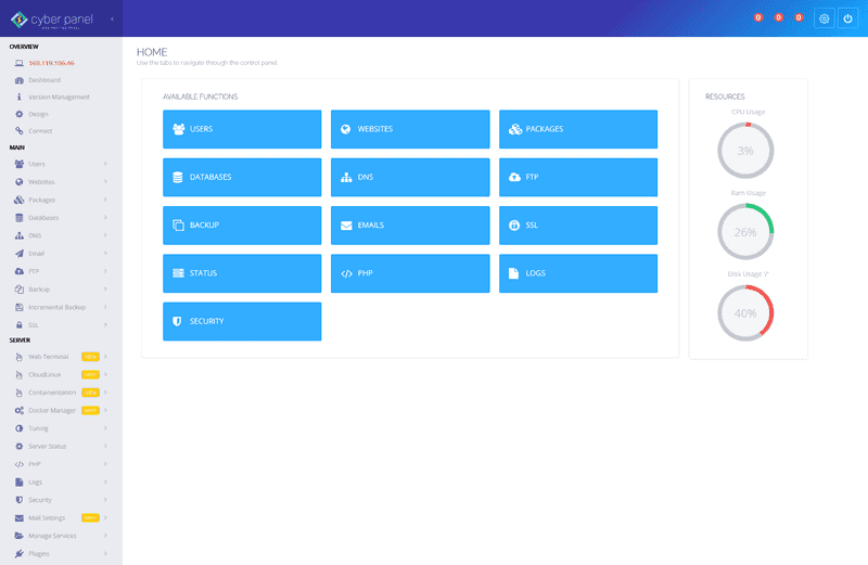 Cyberpanel dashboard
