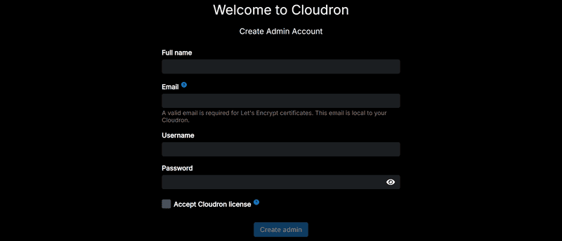 the Cloudron welcome screen