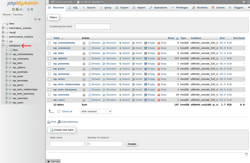 phpmyadmin wordpress database