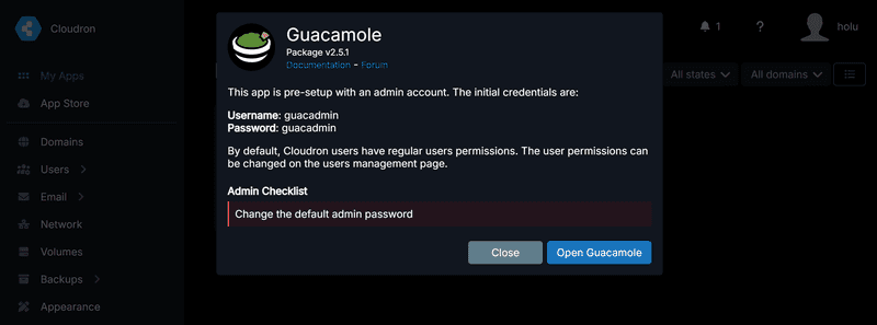the Cloudron information screen