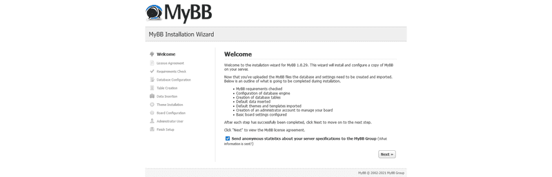 MyBB installation page
