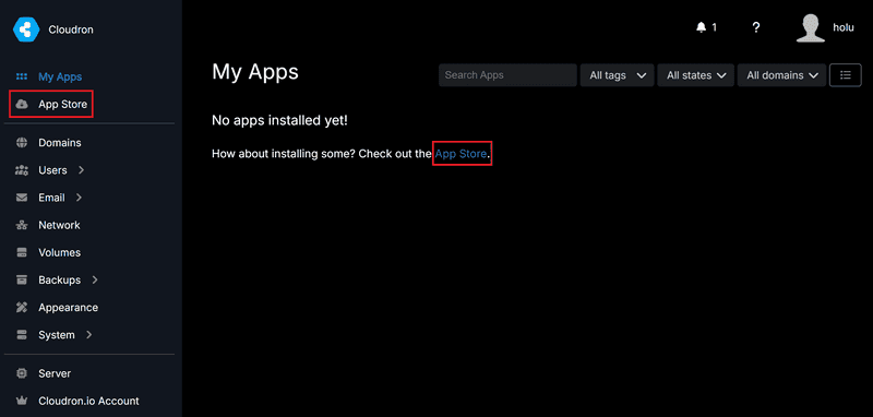 Cloudron - the options for installing new apps have been marked
