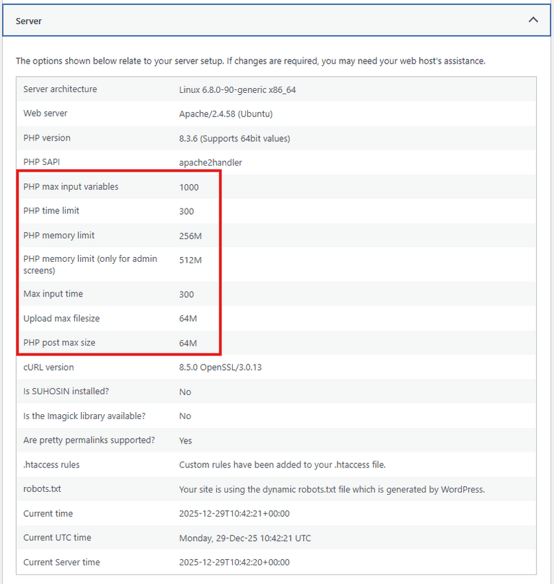Site Health shows updated limits