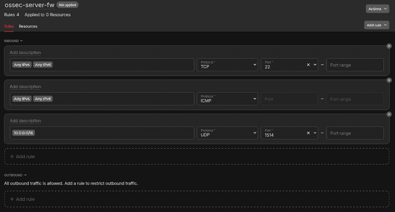 Screenshot of the firewall "ossec-server-fw" showing the defaul inbound rules and an additional rule allowing inbound traffic for 10.0.0.0/16 on port 1514 via UDP