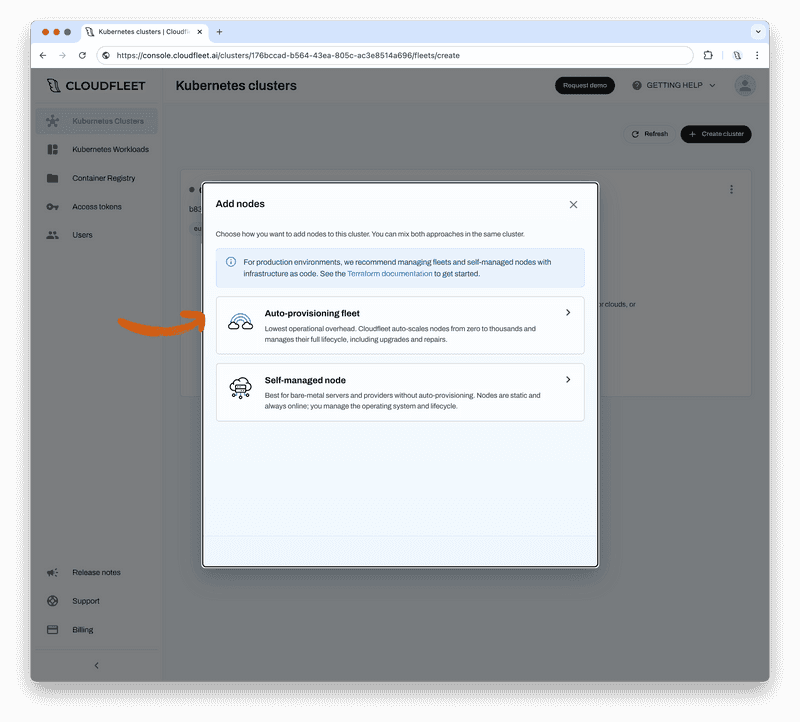 Cloudfleet - Kubernetes Clusters - Add nodes options