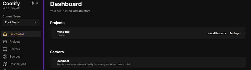 coolify dashboard