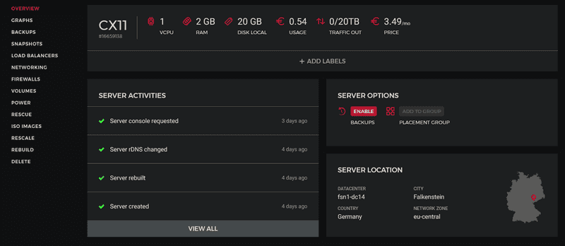 Hetzner dashboard