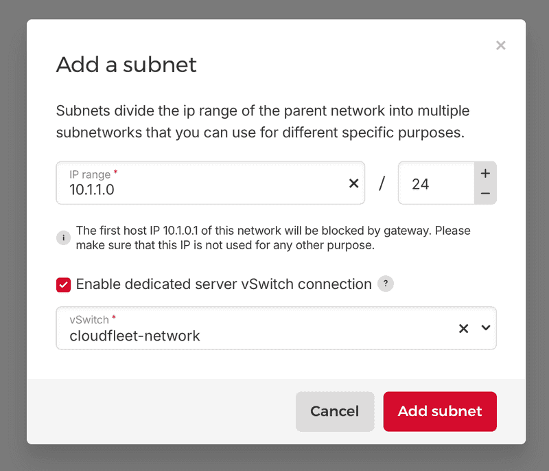 vSwitch connection in Hetzner Cloud Console