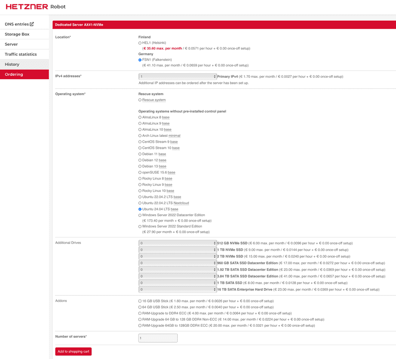 Hetzner - Robot Console - Order new server