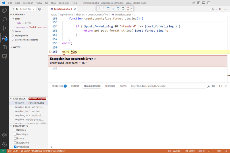 vscode break on error