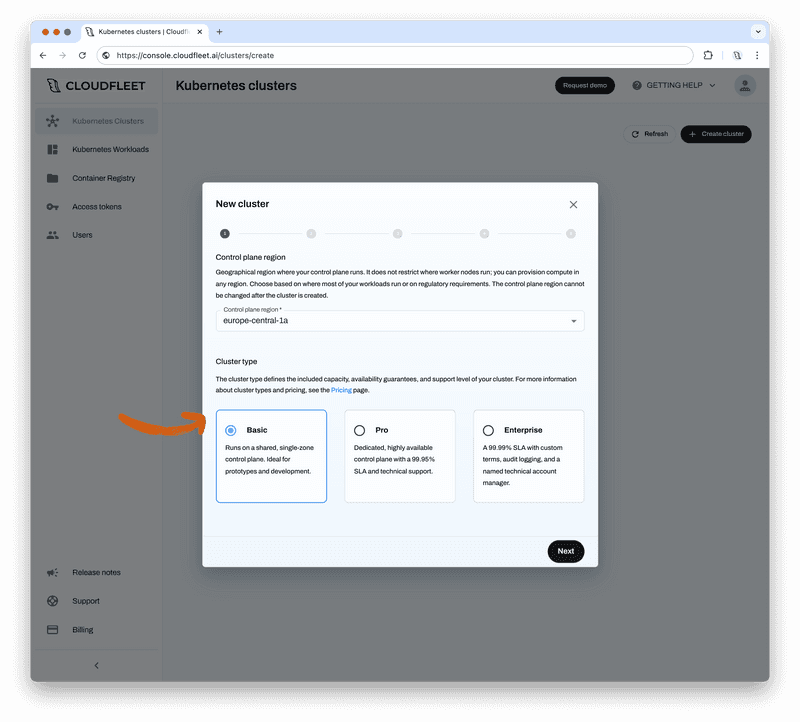Cloudfleet - Kubernetes Clusters - Create new cluster