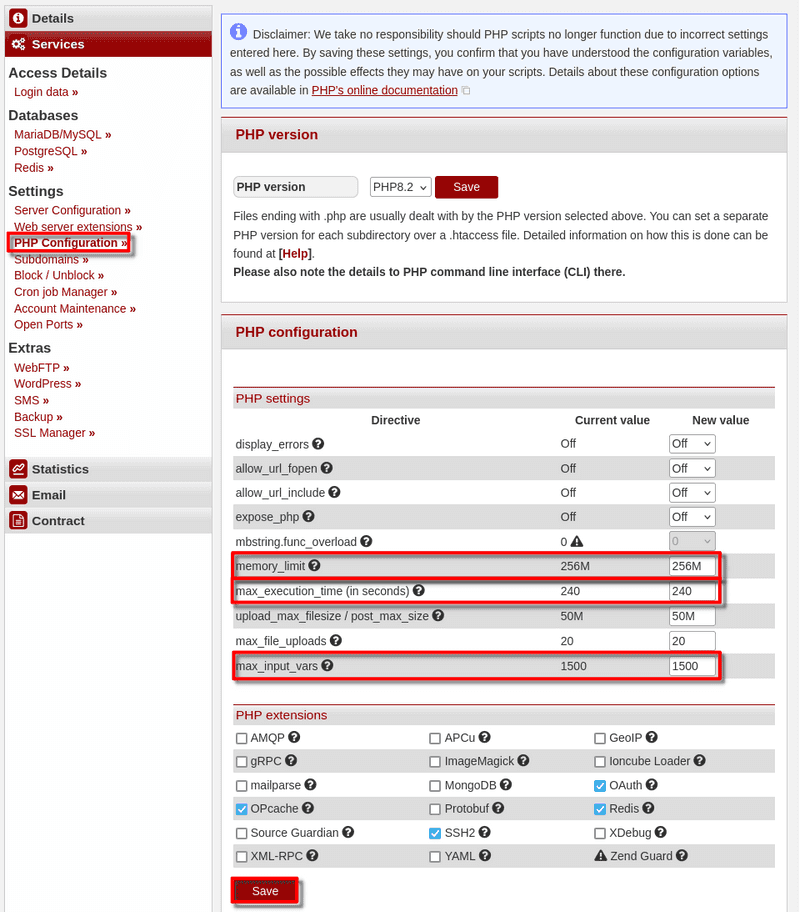 03 konsoleH php settings en