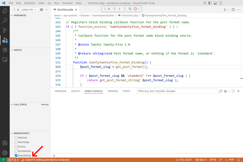 vscode run and debug break on everything
