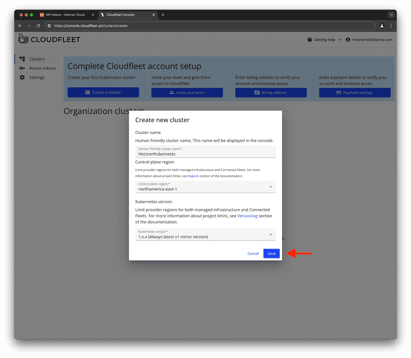 Cloudfleet - Kubernetes Clusters - Create new cluster