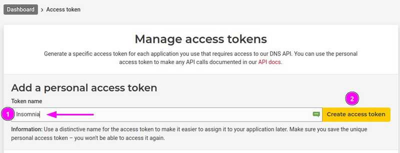 DNS Console - create token
