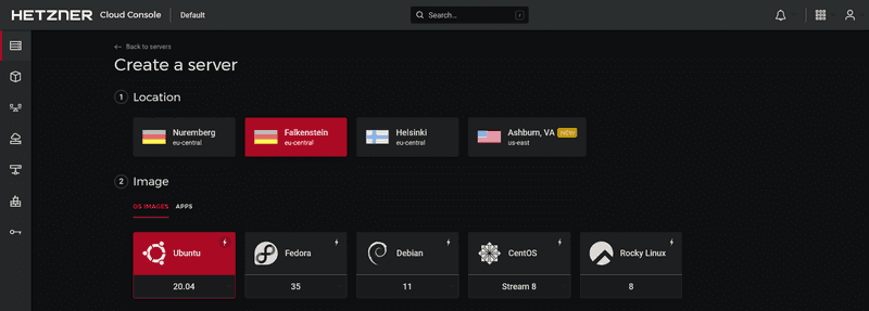 Choosing a location in Hetzner dashboard