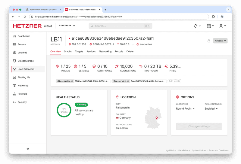 Nginx container running on Cloudfleet Kubernetes Cluster exposed with Hetzner Load Balancer