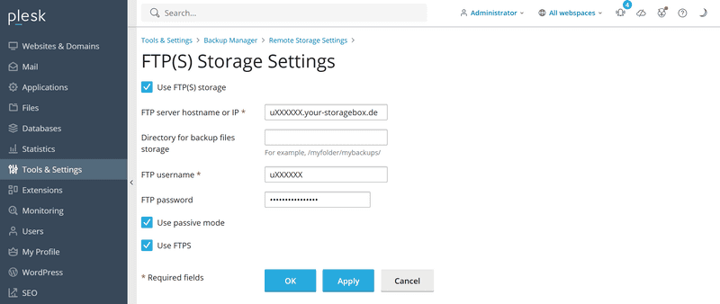 FTP Storage Settings