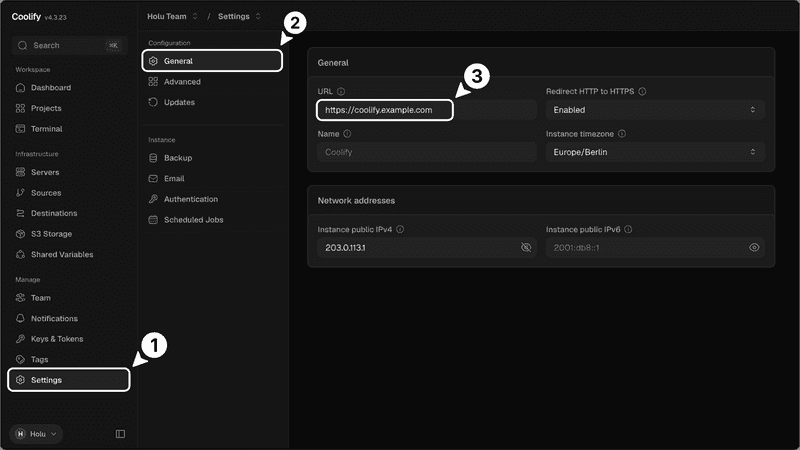 Coolify dashboard Domain