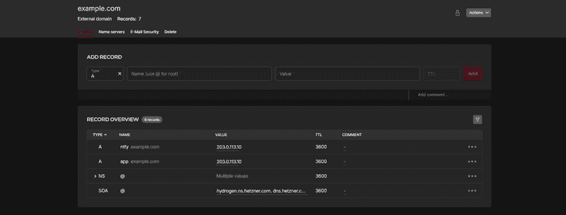 Hetzner DNS records showing A records for ntfy and app