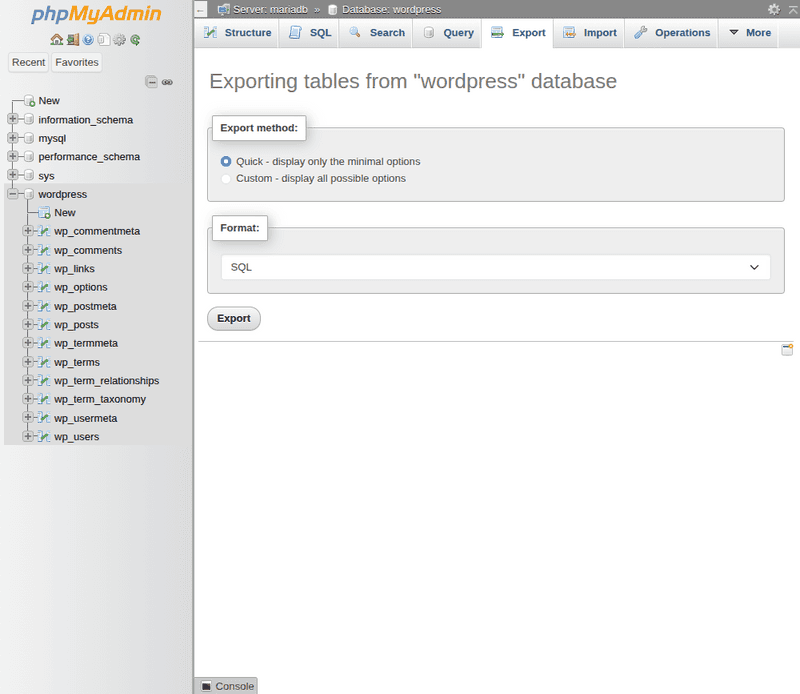 phpmyadmin export sql
