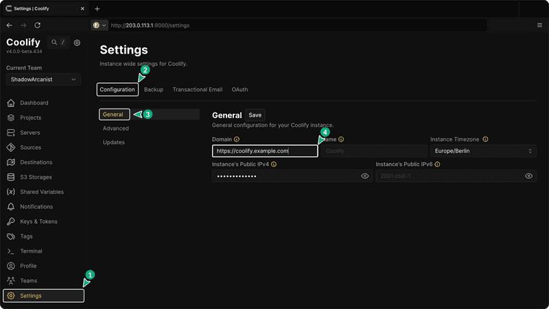 Coolify dashboard Domain