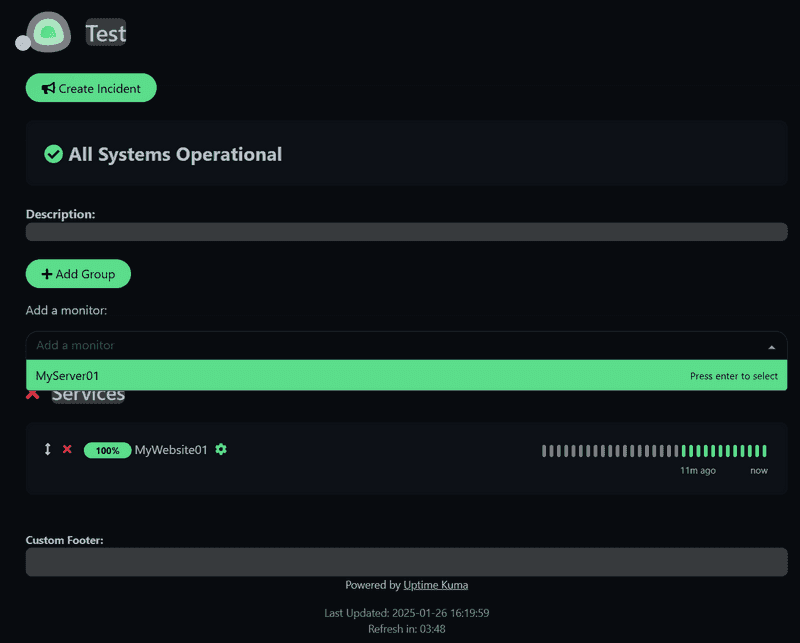 Uptime Kuma our Status Page setting