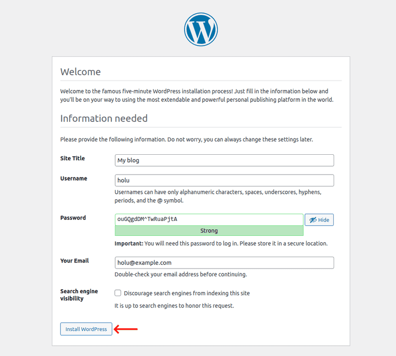 wordpress setup filled