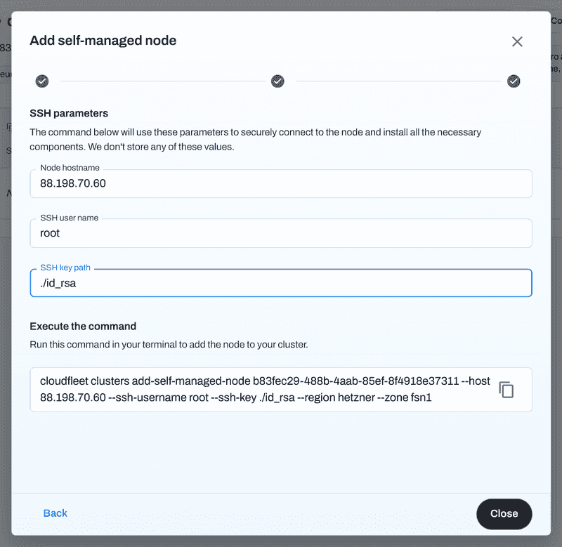 Self-managed node addition wizard - Step 4